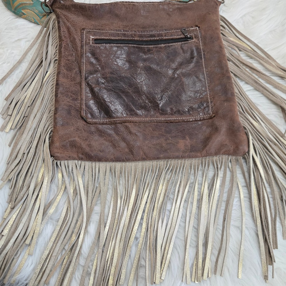 Dancing Cactus Designs Cowhide Fringe Crossbody Bag Turquoise Leather Western - Picture 10 of 16